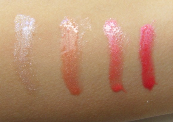 Clarins Colour Quench Lip Balm Swatches 01 Pink Marshmallow, 02 Peach Nectar, 03 Candy Pink, 04 Raspberry Smoothie