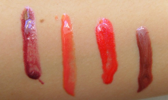 Clarins Colour Quench Lip Balm Swatches 05 Delicious Plum, 06 Sweet Papaya, 07 Strawberry Sorbet, 08 Sweet Fig