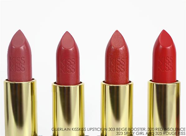Guerlain KissKiss Lipstick in 303 Beige Booster 320 Red Insolence 323 Spicy Girl 325 Rouge Kiss