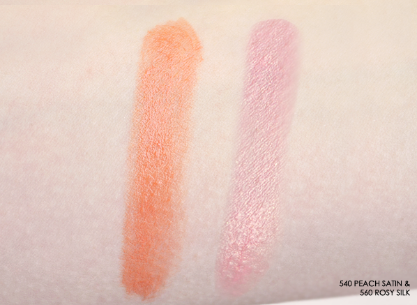 Guerlain KissKiss Lipstick in 540 Peach Satin and 560 Rosy Silk Swatch