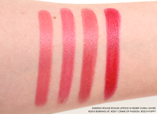 Shiseido Rouge Rouge in RD309 Coral Shore - RD310 Burning Up - RD311 Crime of Passion - RD213 Poppy