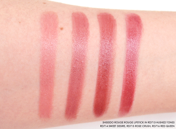 Shiseido Rouge Rouge in RD713 Hushed Tones - RD714 Sweet Desire - RD715 Rose Crush - RD716 Red Queen