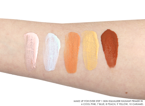 MAKE UP FOR EVER Step 1 - Skin Equalizer Radiant Primer Swatches in 6 Cool Pink, 7 Blue, 8 Peach, 9 Yellow, 10 Caramel