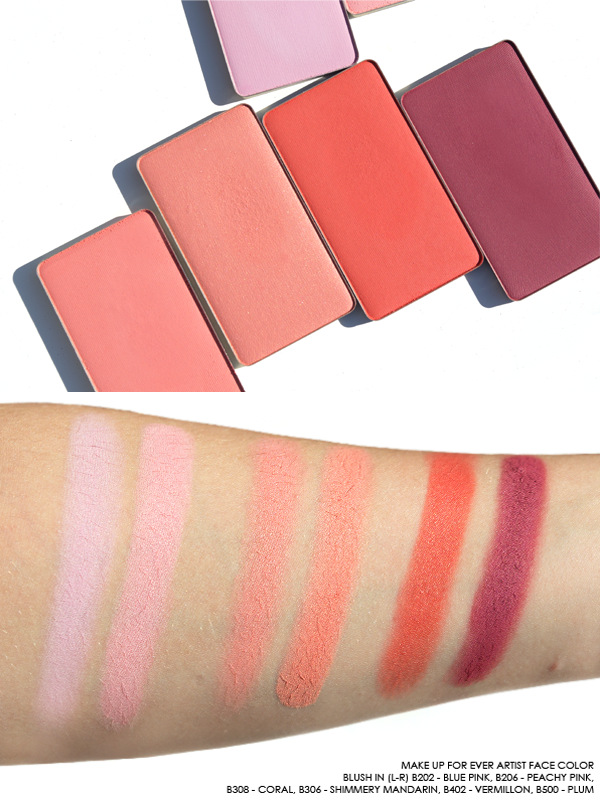 MAKE UP FOR EVER Artist Face Color Blush in (L-R) B202 Blue Pink, B206 Peachy Pink, B308 Coral, B306 Shimmery Mandarin, B402 Vermillon, B500 Plum Swatches