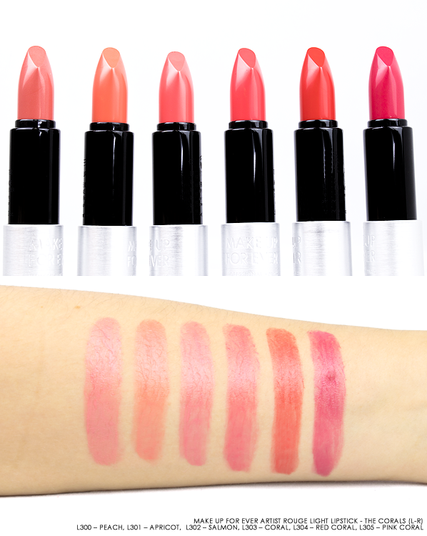 MAKE UP FOR EVER Artist Rouge Light Lipstick Bullets & Swatches in L300 – Peach, L301 – Apricot, L302 – Salmon, L303 – Coral, L304 – Red Coral and L305 – Pink Coral