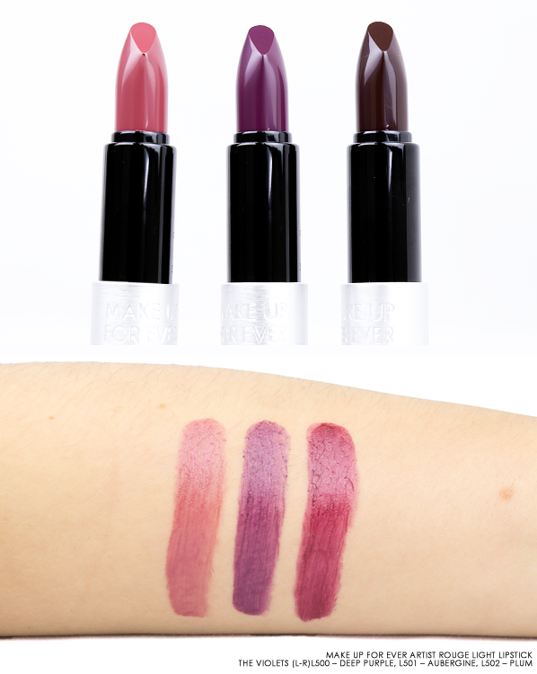 MAKE UP FOR EVER Artist Rouge Light Lipstick Swatches in L500 – Deep Purple, L501 – Aubergine, L502 – Plum