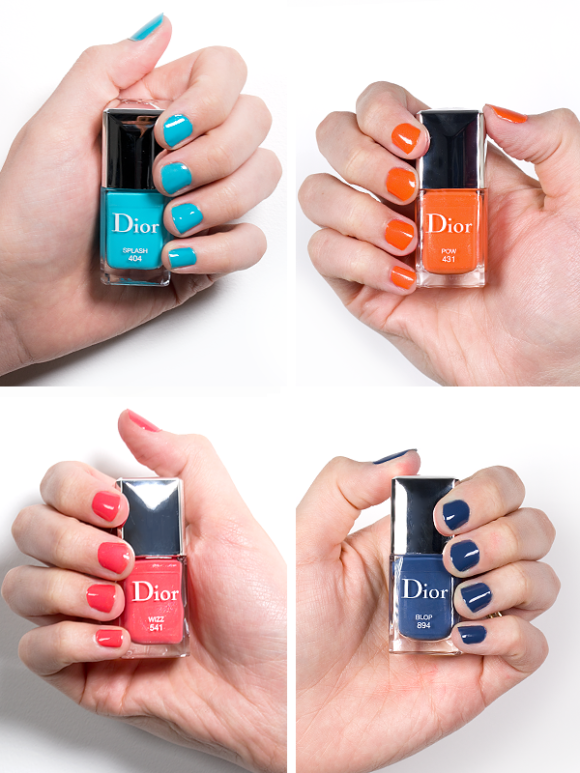 Dior Cool Wave Swatches Review Dior Vernis in 404 Splash 431 Pow 541 Wizz 894 Blop nail colour on fingers
