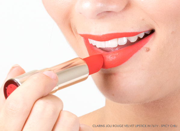 Blog-Close-Up-Of-Ceryn-Wearing-Clarins-Joli-Rouge-Velvet-Lipstick-In761V - Spicy Chili
