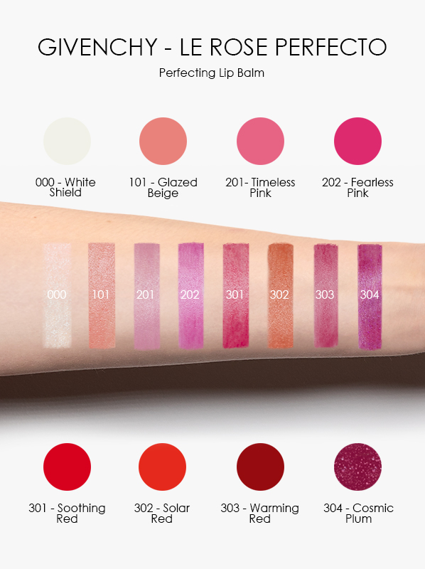GIVENCHY-Le-Rose-Perfecto-Swatches-in-100-White-Shield-101-Glazed-Beige-201-Time-Pink-202-Fearless-Pink-301-Soothing-Red-302-Solar-Red-303-Warming-Red-304-Cosmic-Plum-1