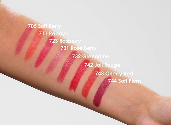 Clarins Joli Rouge Lipstick Refill swatches om arm for shade comparison 742 – Soft Berry: nude pink with a cool undertone. 711 – Papaya: tangerine orange with a warm undertone. 723 – Raspberry: vibrant fuchsia pink with a cool undertone. 731 – Rose Berry: rosy pink with a purple shift. 732 – Grenadine: muted brown-pink with a cool undertone. 742 – Joli Rouge: true red with a cool undertone. 743 – Cherry Red: warm red with an orange shift. 744 – Soft Plum: cool-toned aubergine hue.