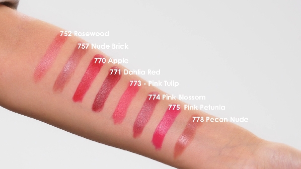 Clarins Joli Rouge Lipstick Refill swatches om arm for shade comparison
