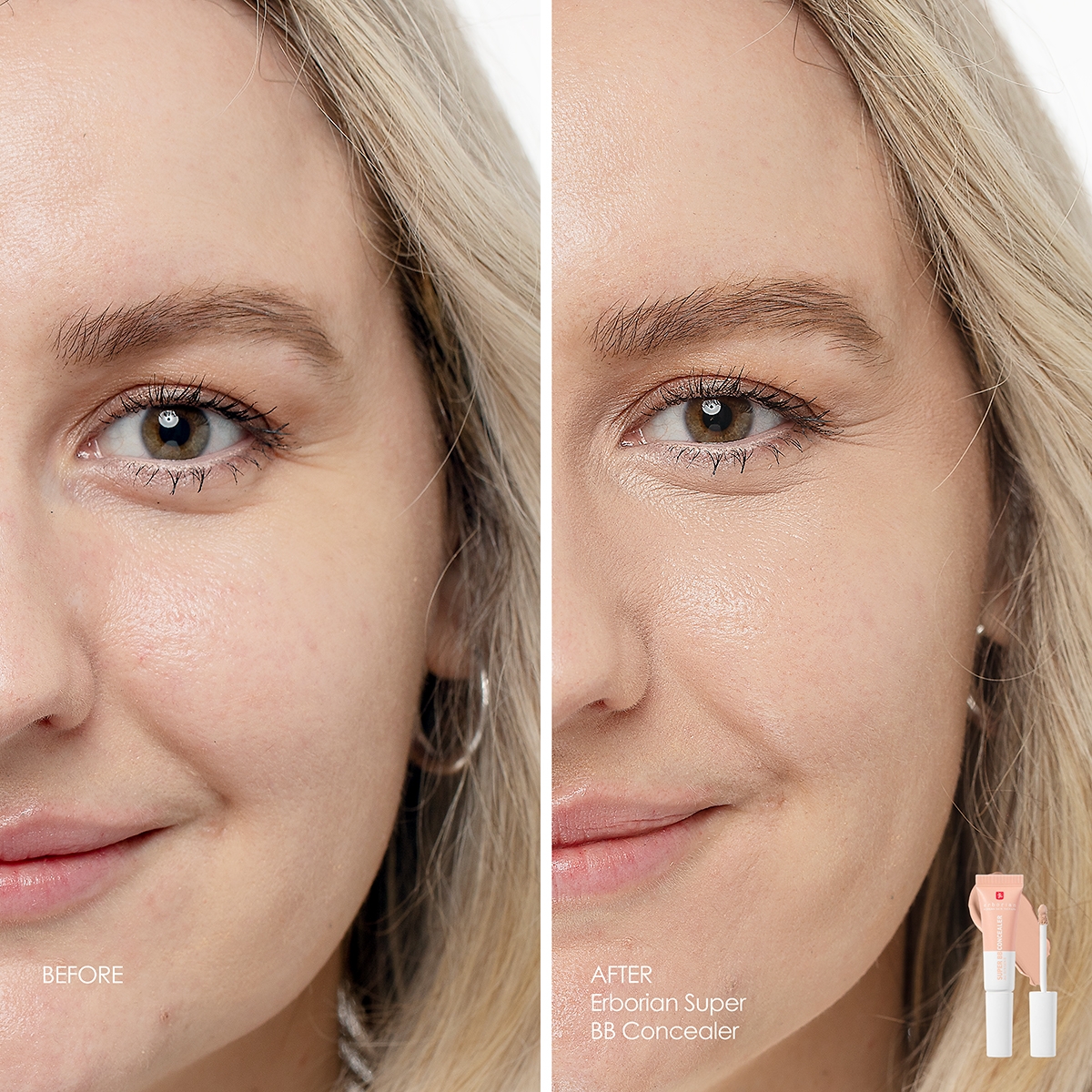 Before and after using Erborian Super BB Concealer in Clair